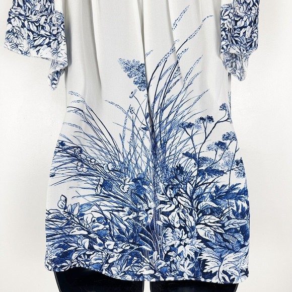 Elie Tahari Tiffany Silk Floral-Print Pearl Indigo V-Neck Short-Sleeve Blouse - Picture 12 of 15